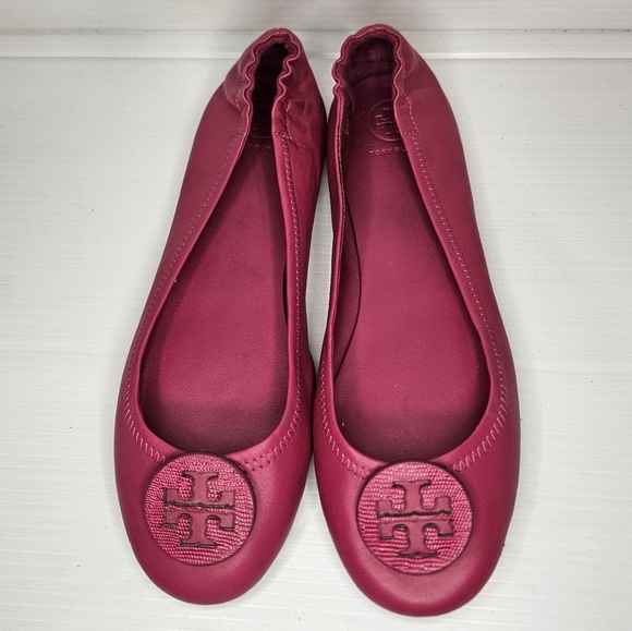 Tory Burch Shoes - Tory Burch Minnie Flats Size 10.5 Dark Azalea Hot Pink Leather Logo Designer